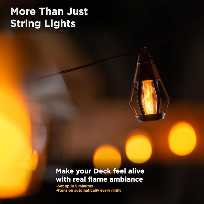 FoxFlame Solar String Lights Outdoor Waterproof, Patented Fire Effect 21 Ft | 10 Flickering LED Bulbs, Solar-Powered Solar Hanging Lights Outdoor for Patios, Porches, Fences and Gardens
