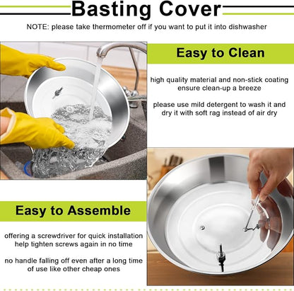 HaSteeL 12Inch Melting Dome for Griddle, Stainless Steel Basting Cover with Thermometer, Large Round Steaming Cover Lid for Flat Top Teppanyaki BBQ Camping Cooking Grilling, Indoor & Outdoor (2 Piece)