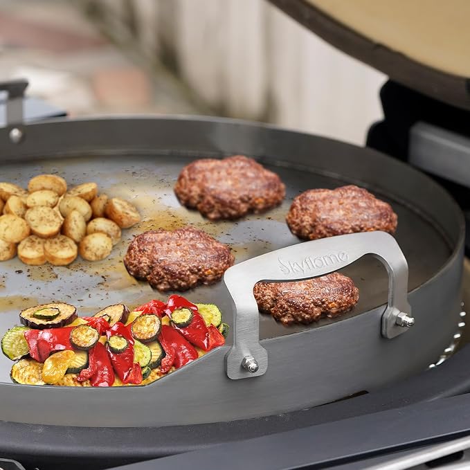 Skyflame Round Griddle, 18.5" Flat Top Griddle Insert | Grease Drain, Handle, Compatible with Kamado Joe Classic, Compatible with Large Big Green Egg