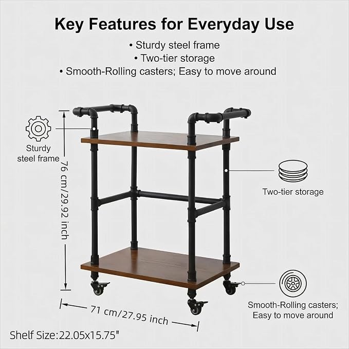 Industrial Pipe Bar Cart, Solid Wood Serving Cart, Rolling Kitchen Cart | Wine Rack Carts on Wheels with Shelves, Tea Liquor Shelves/Holder, Bar Furniture for Home Kitchen Office Living Room