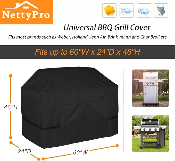 NettyPro Grill Cover for Outdoor Grill 60 Inch Waterproof Heavy Duty, Black | 3-4 Burner Gas BBQ Cover for Outside, UV Protection, Windproof Strap, Air Vent, Fits Weber, Char-Broil, Brinkmann Barbecue
