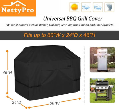 NettyPro Grill Cover for Outdoor Grill 60 Inch Waterproof Heavy Duty, Black | 3-4 Burner Gas BBQ Cover for Outside, UV Protection, Windproof Strap, Air Vent, Fits Weber, Char-Broil, Brinkmann Barbecue