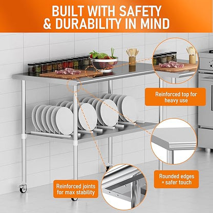 Stainless Steel Table with Wheels for Food Prep & Work 30" x 60" Utility Table with Adjustable Undershelf, Commercial Workstation in Kitchen, Garage, Home and Hotel