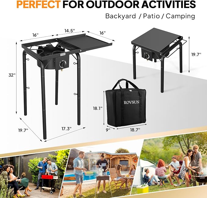 ROVSUN Single Burner Propane Gas Stove with Side Shelf & Carrying Bag, 100,000 BTU Portable Stove with Removable Legs & Regulator for Camping Home Backyard Cooking Brewing Canning Turkey Frying