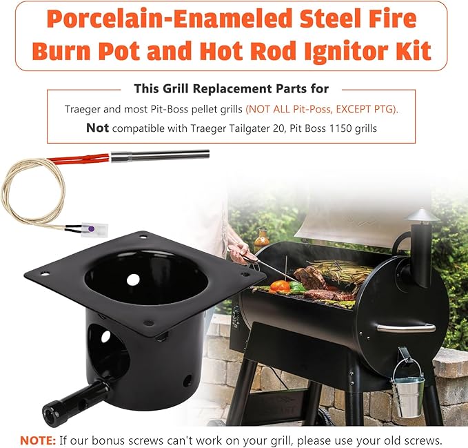 Upgraded Fire Burn Pot and Hot Rod Ignitor Kit Replacement Parts for Traeger, Pit Boss & Camp Chef Pellet Grill Smoker, Durable Fire Burner Pot with Ash Remover, Screws & Fuse, Enamel Fire Pot