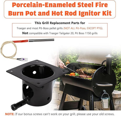 Upgraded Fire Burn Pot and Hot Rod Ignitor Kit Replacement Parts for Traeger, Pit Boss & Camp Chef Pellet Grill Smoker, Durable Fire Burner Pot with Ash Remover, Screws & Fuse, Enamel Fire Pot