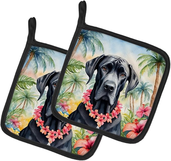 Caroline's Treasures Great Dane Luau Pair of Pot Holders Kitchen Heat Resistant Pot Holders Sets Oven Hot Pads for Cooking Baking BBQ, 7 1/2 x 7 1/2