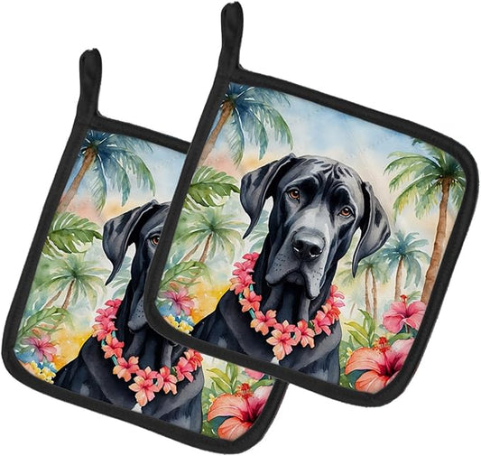 Caroline's Treasures Great Dane Luau Pair of Pot Holders Kitchen Heat Resistant Pot Holders Sets Oven Hot Pads for Cooking Baking BBQ, 7 1/2 x 7 1/2