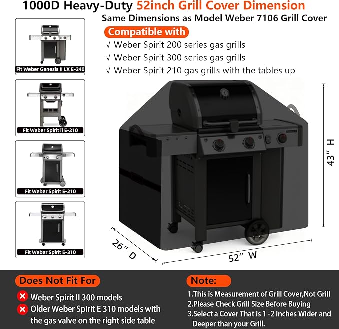 52" BBQ Grill Cover for Outdoor Grill 1000D Heavy Duty Waterproof | Fits Weber Spirit 200, 300 Series Outdoor Gas Grills, Tear & Fade Resistant 7106 Grill Cover with Buckles, Air Vents, Handle