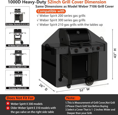 52" BBQ Grill Cover for Outdoor Grill 1000D Heavy Duty Waterproof | Fits Weber Spirit 200, 300 Series Outdoor Gas Grills, Tear & Fade Resistant 7106 Grill Cover with Buckles, Air Vents, Handle