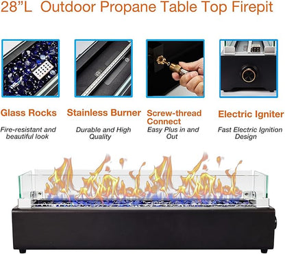28-inch Table Top Propane Fire Pit, 40,000 BTU Tabletop Firepit for Patio, Outdoor Portable Rectangular Fire Bowl w/Wind Glass Shield, Glass Rocks - Black