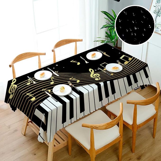 Swono Music Notes Table Covers 52x70 Inch Black Piano Musical Instrument and Notes Tablecloth Kitchen Dinning Tabletop Decoration, Table Cloth for Outdoor and Indoor Use