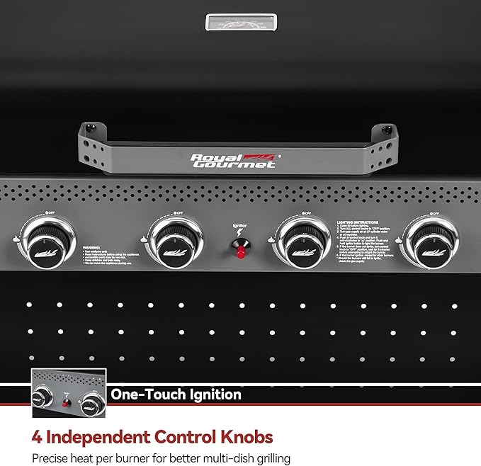 Royal Gourmet GL4001 4-Burner Gas Grill with Pegboard, 500 Sq. In. Cooking Area, 26,000 BTU, Foldable Side Shelves with Hooks, Ideal for Backyard and Patio, Black & Cool Gray