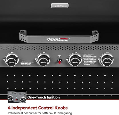 Royal Gourmet GL4001 4-Burner Gas Grill with Pegboard, 500 Sq. In. Cooking Area, 26,000 BTU, Foldable Side Shelves with Hooks, Ideal for Backyard and Patio, Black & Cool Gray