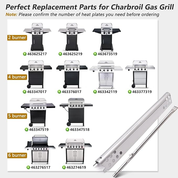 Criditpid Grill Replacement Parts for Charbroil Performance 5 Burner 463347519 463275517, 4 Burner 463347017 463377319 463342119, Grill Burner, Heat Plates, Carryover Tube, Igniter & Spark Generator.