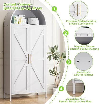 72.8" White Metal Arched Pantry Cabinet for Kitchen Storage, Tall 2-Door Cupboard with 6 Adjustable Shelves, Magnetic Closure & Anti-Tip Kit, 15.4" D x 30.7" W, Assembly Required