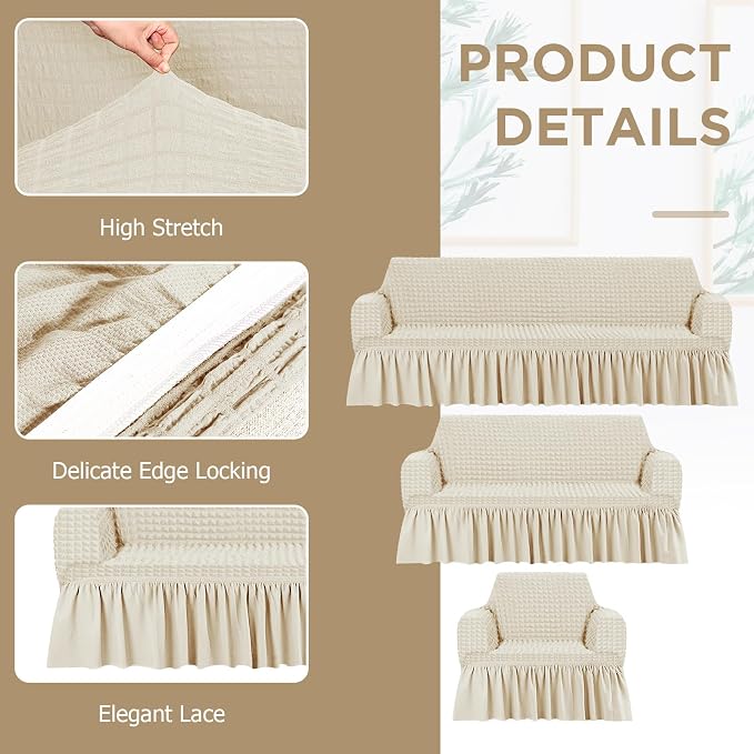 Fanfanwin 3 Pcs Sofa Slipcover Set for Couch Cushion Durable Washable High Elastic Stretchable Furniture Couch Covers with Skirt for Sofa Loveseat Arm Chair(Beige,Seersucker)