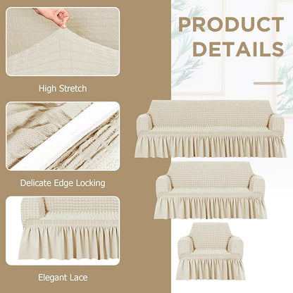 Fanfanwin 3 Pcs Sofa Slipcover Set for Couch Cushion Durable Washable High Elastic Stretchable Furniture Couch Covers with Skirt for Sofa Loveseat Arm Chair(Beige,Seersucker)