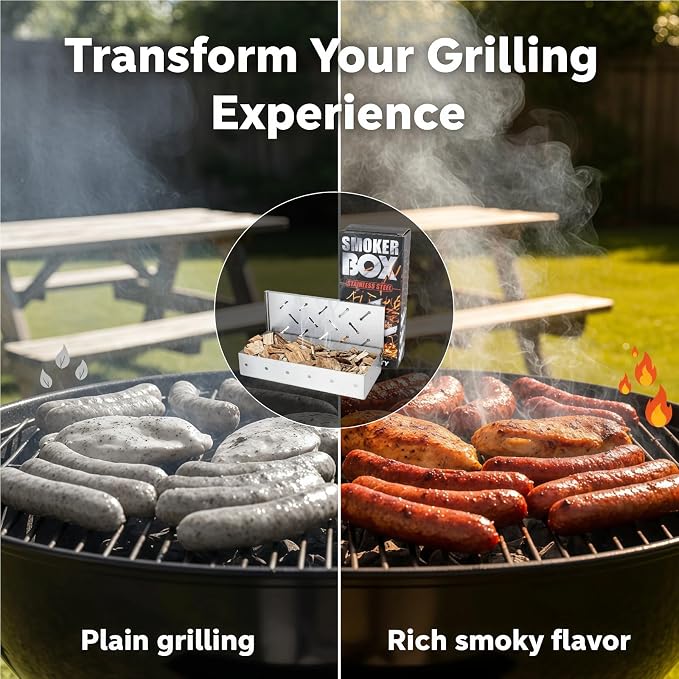 Smoker Box for Gas Grill,Wood Chip Stainless Steel Pellet Smoke Box for All Grills Oven,Hinged Lid, Heavy Duty BBQ Accessories Party Gift for Dad Men Barbecue Outdoor