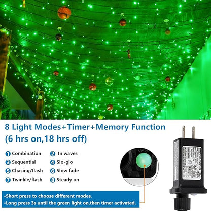 YEGUO 66ft 200 LED Green String Lights Outdoor Waterproof, Green Wire Christmas Lights Indoor, 8 Modes Twinkle Lights for Christmas Tree Plug in with Timer Memory