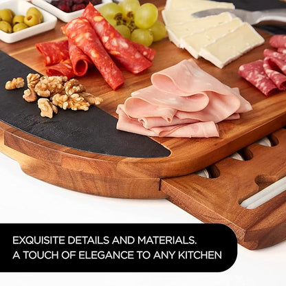 Premium Oval Charcuterie Board Cheese Board Set: Acacia Wood, Stainless Steel Knives - Christmas Gifts for Women, House Warming Ideas, New Home, Wedding presents for Couple, Bridal Shower