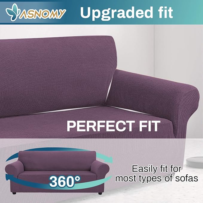Asnomy Stretch Couch Covers for Sofa Washable, 3 Cushion Couch,Gray Purple | 1-Piece Sofa Covers(78"-94") 3-Seater Furniture Protector Soft Jacquard,Non-Slip Elastic Bottom For Dogs & Kids