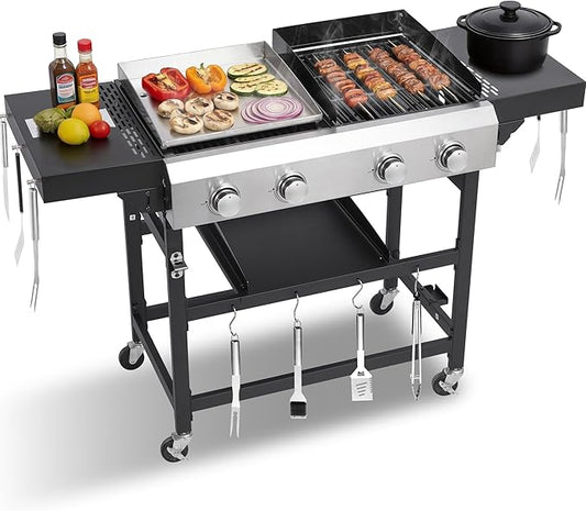 2-in-1 Propane Gas Grill and Griddle Combo– 40,000 BTU Gas Grill with Cast Iron Grates and Stainless Steel Griddle, Outdoor BBQ Station with Grease Trays, Foldable Tables for Camping and Backyard