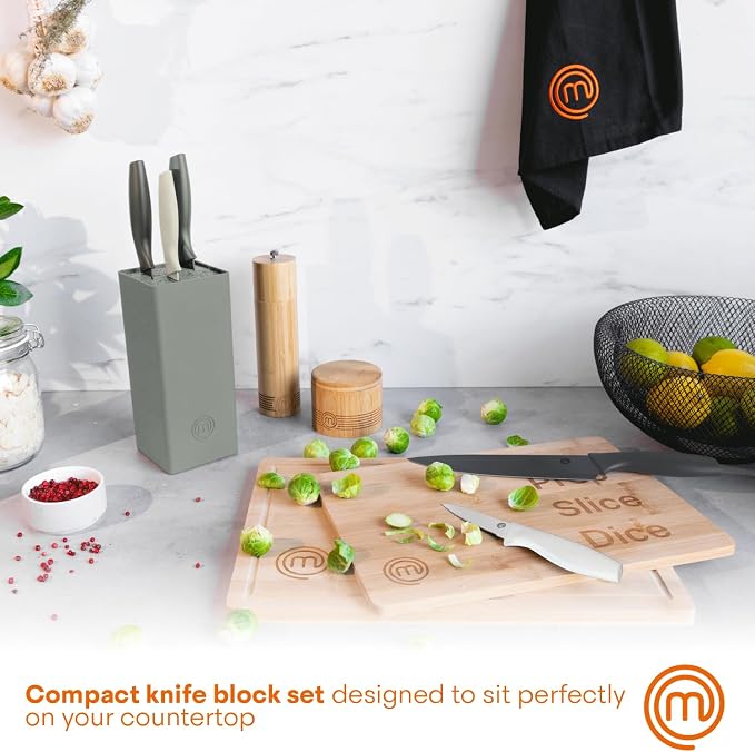 MasterChef Knife Set with Block, 7pc Kitchen Knives Set with Holder, Grey | Knife Block Set with Sharp Stainless Steel Blades for Precise Cutting with Non Stick Coating & Soft Touch Easy Grip Handles