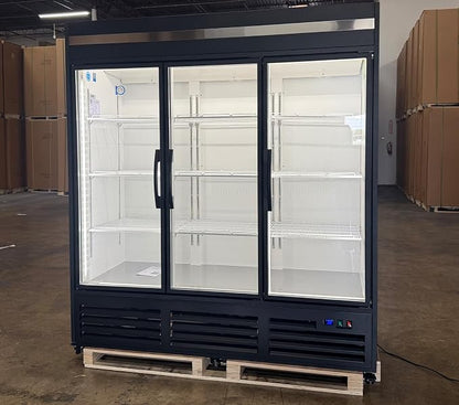 71” Wide Commercial Beverage Refrigerator Display Fridge, Three Glass Door Merchandiser Drink Cooler With LED Light 9 Adjustable Shelves,ETL Sanitation,63.5 Cu Ft,BLACK,Wheels Included