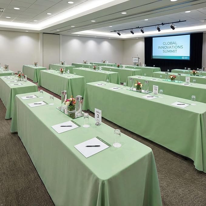 8 Pack Light Green Tablecloth 60 x 102 Inch Rectangular Table Cloth | For 6 Foot Rectangle Tables, Wrinkle Resistant, Washable Polyester Fabric, For Wedding Party Banquet Buffet and Camping