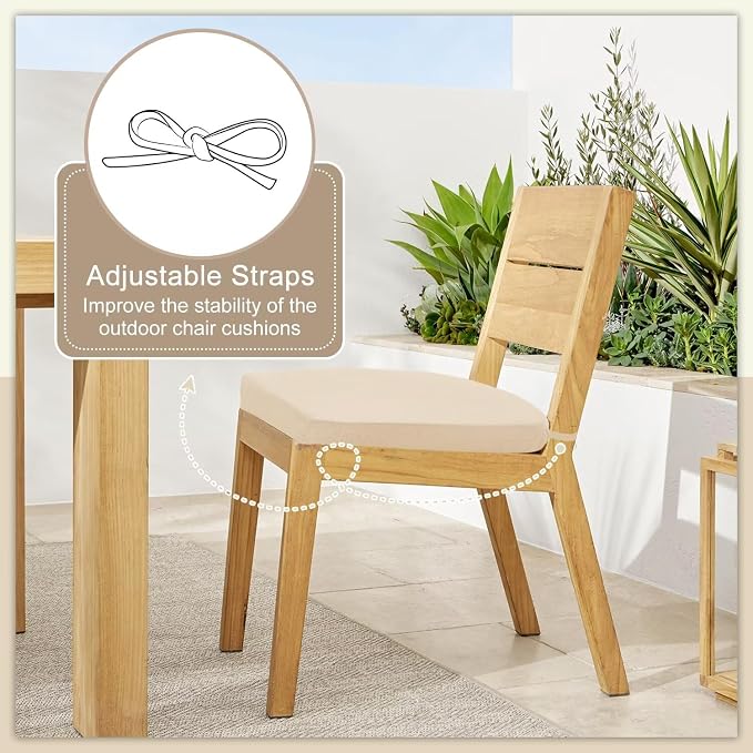 Cozyide Outdoor Chair Cushions, Waterproof Patio Seat Cushions with Adjustable Straps, Round Corner Patio Chair Cushions for Garden, Beige, 17x16x2 Inch (Pack of 2)