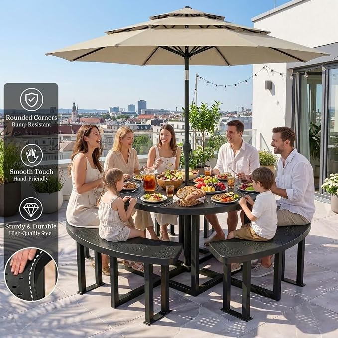 YITAHOME 38 in Metal Picnic Table, Powder Coated Outdoor Picnic Table with Heavy-Duty Steel Frame, Adjustable Seats & Umbrella Hole for Yard, Patio, Lawn, Party, Black, Round