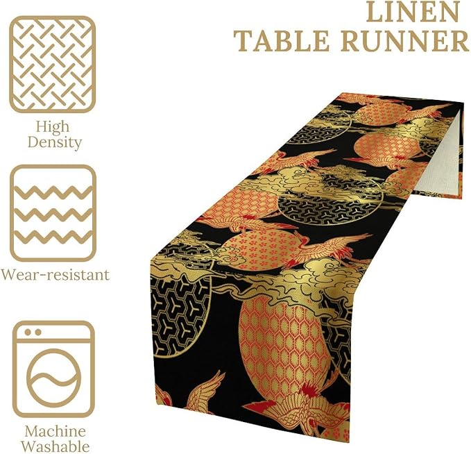 Japanese Cranes Table Runner Asian Chinese Oriental Luxury Red Black Gold Clouds Bamboo Dinner Runner Table Decoration for Home Kitchen Dining Table Party 13x60in