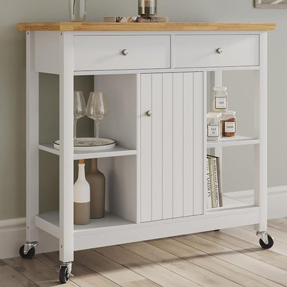 Lavish Home Mobile Kitchen Island with Spice Rack, Shelves & Cabinet, White | Rolling Cart with Drawers for Coffee Bar, Adjustable Shelves, Counter Space, Microwave Stand with Storage Shelves