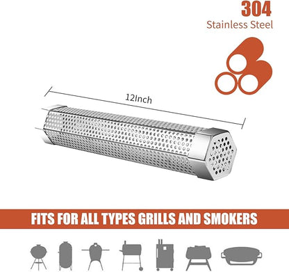 Pellet Smoker Tube,304 Premium Stainless Steel Smoke Tube,12'' Smoker Tube for Pellet Grill and Smoker with Brush -Hot or Cold Smoking Accessories