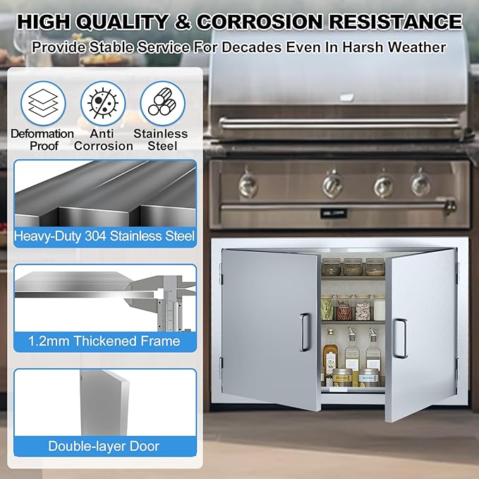Outdoor Kitchen Door 35" W x 24" H-304 Stainless Steel Never Rust Cabinet Door-Double Layer-BBQ Access Doors-Weatherproof GrillDoor-Flush Mount BBQ Island Doors-MetalDoor for Outdoor Indoor Kitchen