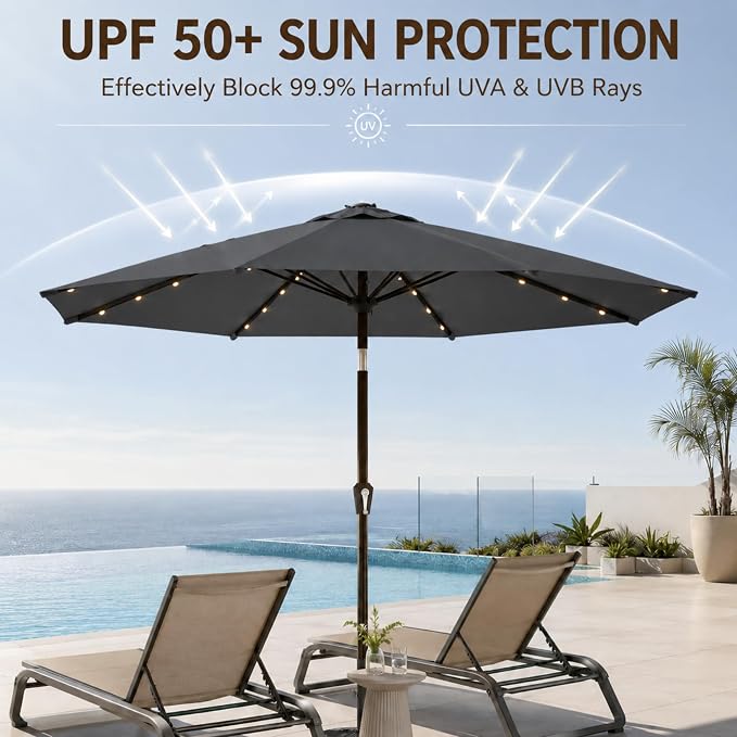 10FT Solar Lighted Patio Umbrella, Outdoor Table Market Umbrellas with Push Button Tilt and Crank, 32 LED Lights, 8 Sturdy Ribs, UV-Resistant for Deck, Garden, Pool