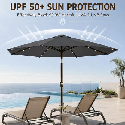 10FT Solar Lighted Patio Umbrella, Outdoor Table Market Umbrellas with Push Button Tilt and Crank, 32 LED Lights, 8 Sturdy Ribs, UV-Resistant for Deck, Garden, Pool