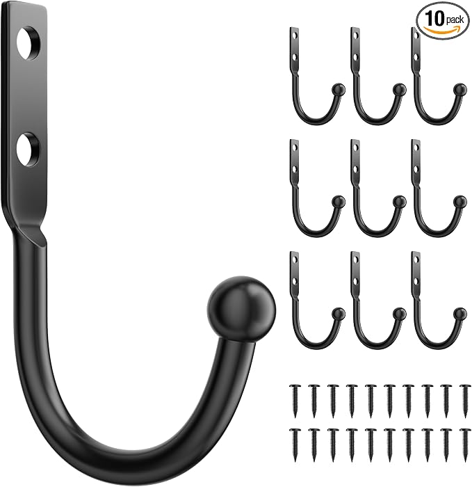 10 Pack Wall Hooks, Metal Hooks Wall Mount, Hold up to 45 Lbs | For Hanging Towel/Coat/Bag/Keys/Cups，Ideal for Bathroom, Outdoor, Closet, Kitchen, Garage