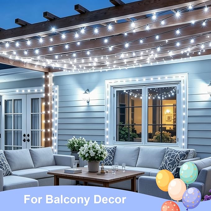 QITONG White Solar String Lights Outdoor Waterproof, 2 Pack Each 66ft 200 LED Solar Powered Christmas Lights, 8 Modes Green Wire Solar Fairy Lights for Outside