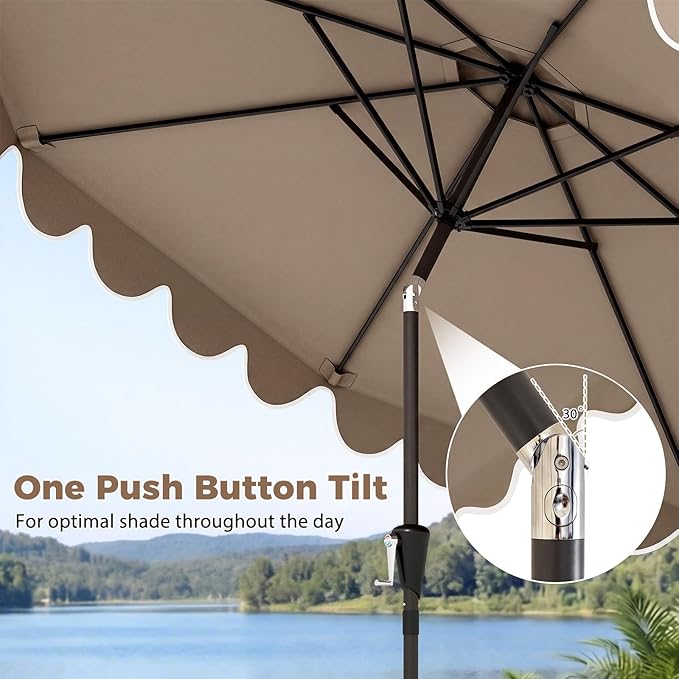 Tangkula 10 FT Patio Umbrella with Base Included, 2-Tiers Outdoor Scalloped Table Umbrella with 2 Sandbags, Tilt Adjustment, Crank, 8 Ribs for Market Backyard Pool Deck Beach Lawn