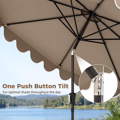 Tangkula 10 FT Patio Umbrella with Base Included, 2-Tiers Outdoor Scalloped Table Umbrella with 2 Sandbags, Tilt Adjustment, Crank, 8 Ribs for Market Backyard Pool Deck Beach Lawn