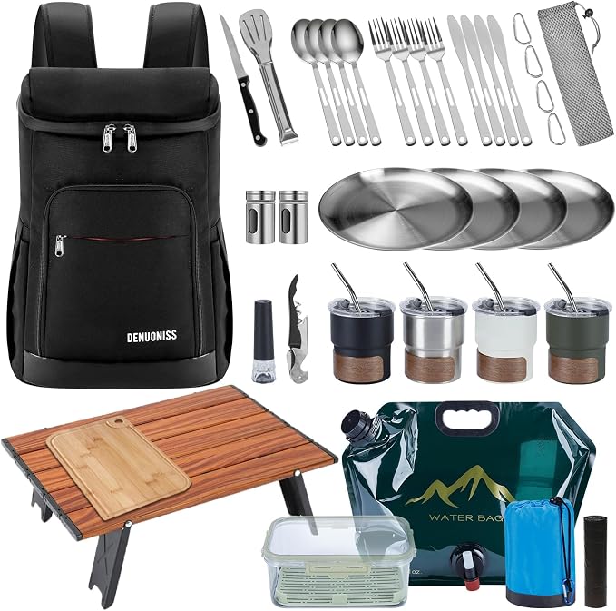 Picnic Backpack Set with Fold Table, Water Bag, Cooler Ice Box & Stainless Steel Utensils - Portable Outdoor Camping Gear for Family Picnics & Hiking (Black, A-4 Person)