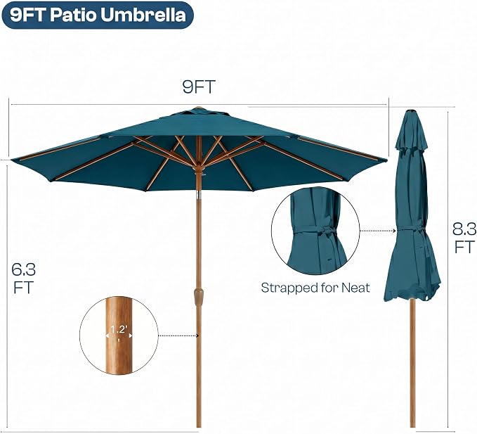 9ft Outdoor Patio Umbrella, Market Table Umbrella with Crank and Easy Push Button Tilt, Wood Grain Frame, UPF 50+ for Pool, Garden, Deck, Backyard