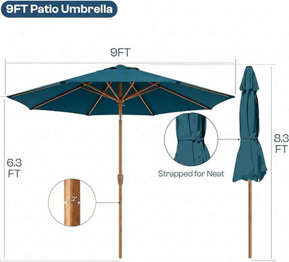 9ft Outdoor Patio Umbrella, Market Table Umbrella with Crank and Easy Push Button Tilt, Wood Grain Frame, UPF 50+ for Pool, Garden, Deck, Backyard