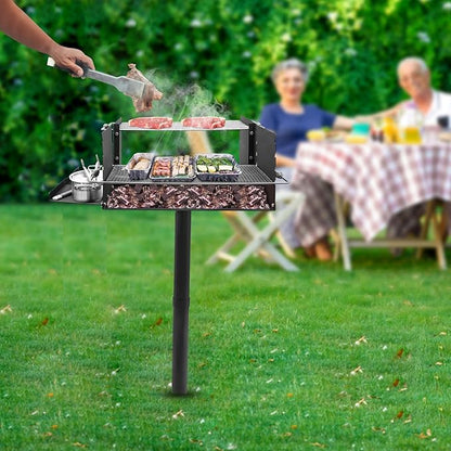 Extra Large Park Style Charcoal Grill, Heavy Duty Outdoor Carbon Steel Park Grill with 52 Inch Height Pole, Single Post Charcoal Grill for Outdoor Cooking, Patio, Camp Grilling Barbecues