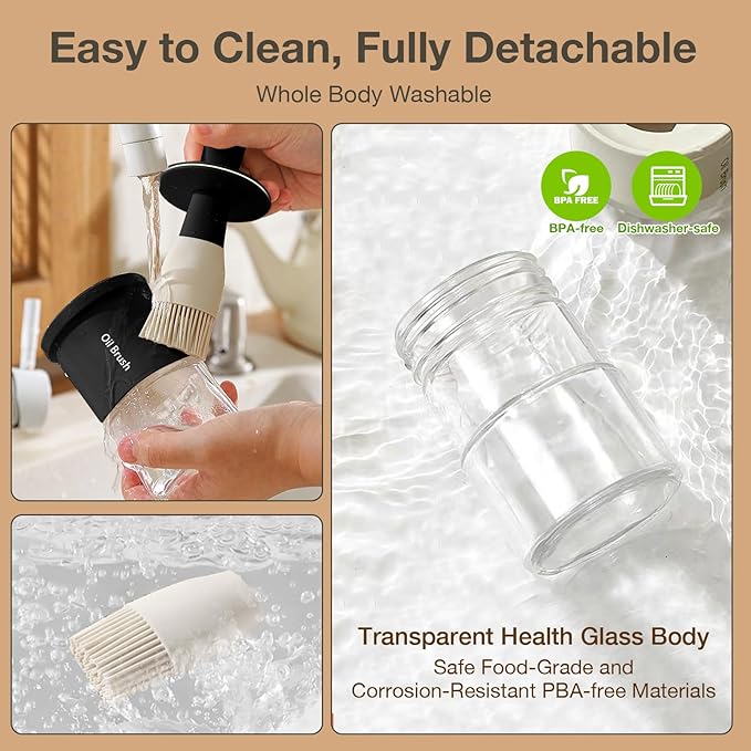 YARRAMATE 2pcs 300ml / 10oz Oil Dispenser with Brush - Glass Oil Dispenser for Kitchen with Silicone Heat Resistant Brush - Cooking Brush for Oil and Sauce Cooking BBQ Grill Frying - Black&White