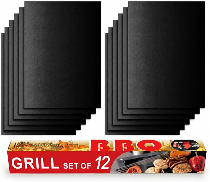 Grill Mats for Gas Grill, Set of 12, 15.75 x 13 Inch | Non-Stick Sheets for Outdoor Grill Cooking and Grilling