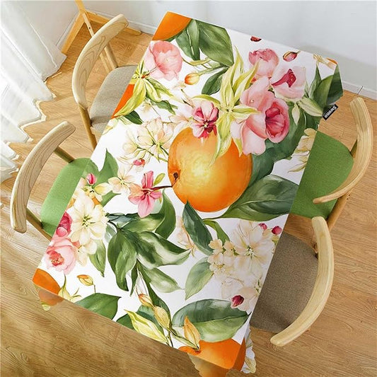 Swono Decorative Rectangle Tablecloth Orange, Watercolor Blooming Orange Flowers Twig Summer Polyester Tablecloth Kitchen Table Cover for Dining BBQ Picnic Coffee Table 50x72