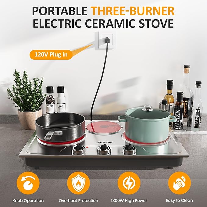 Sunvivi 1800W Triple Burner Portable Electric Ceramic Stove – Knob Control, Indicator Light, Compatible with All Cookware, Ideal for Multiple Cooking Scenarios, Silver